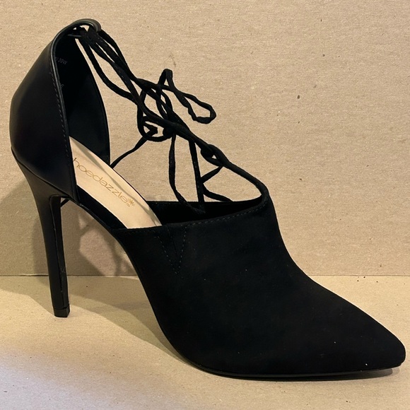 Shoedazzle Lottie Pump Black Faux Suede Strappy Spike Heel Size 8.5 NEW - Picture 1 of 6